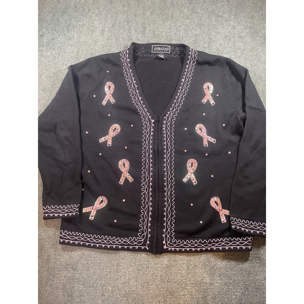 Terazzo zip-up cardigan With Breast Cancer Ribbons M